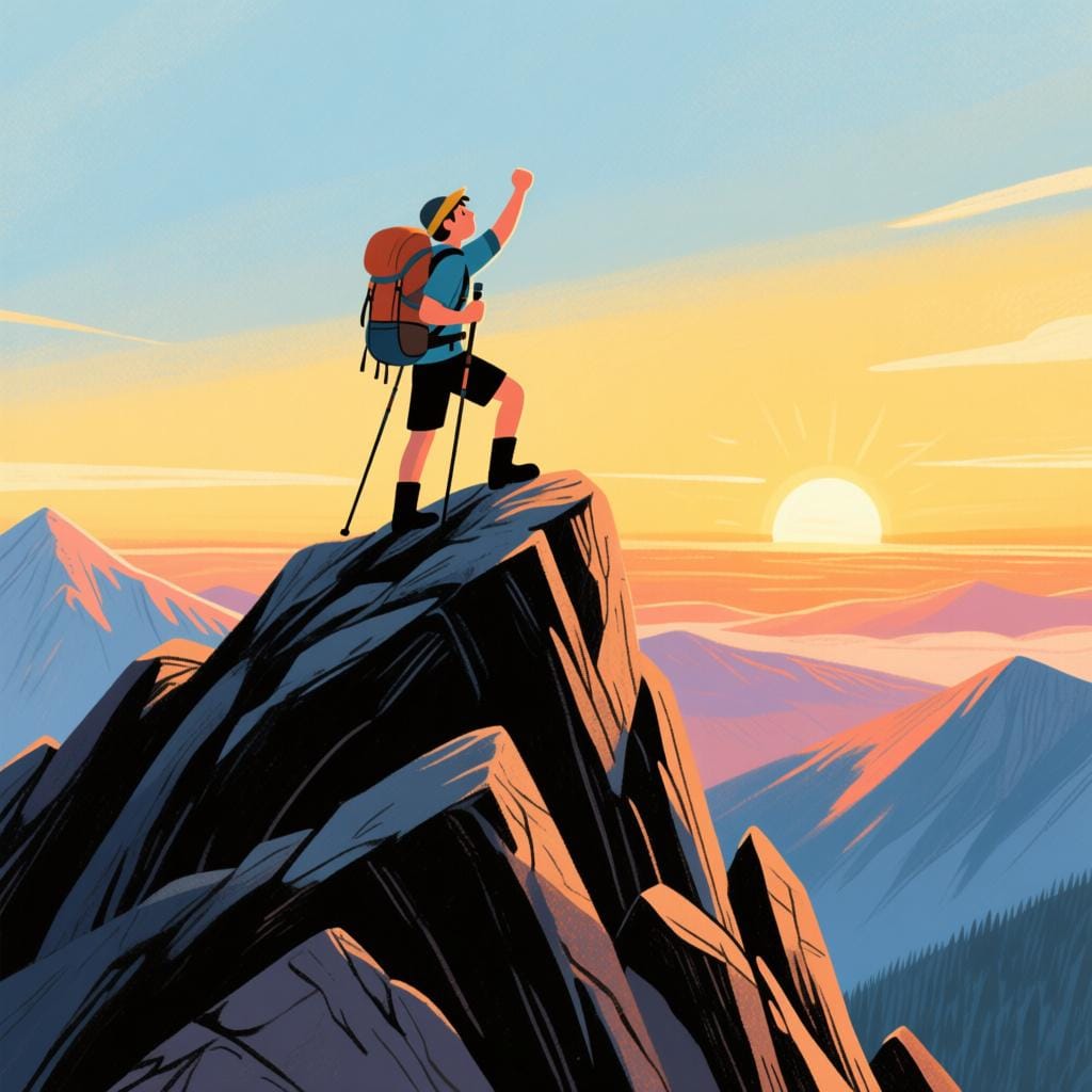 A determined hiker standing triumphantly on the high peak of a steep mountain, symbolizing that the great effort was worthwhile.