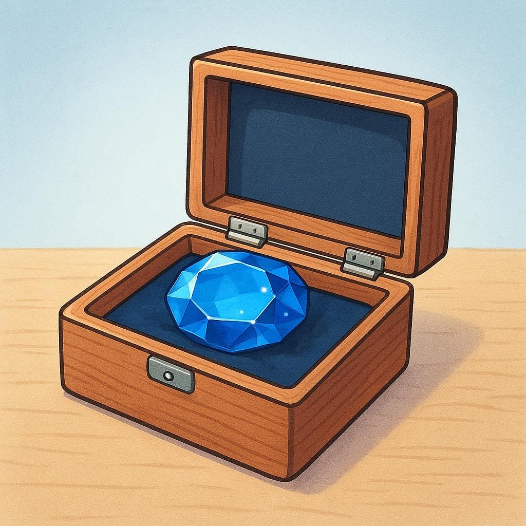 An open jewelry box displaying a sparkling blue gemstone.