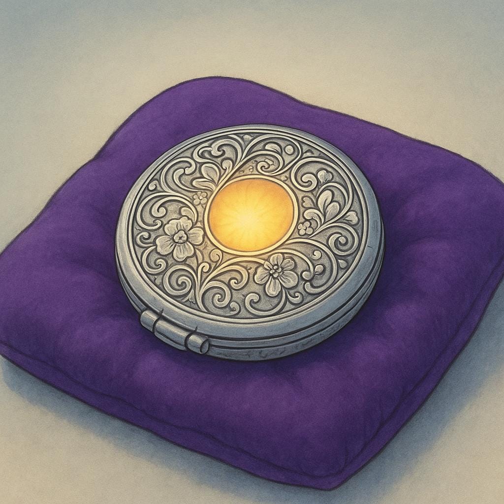 A simple, colorful storybook illustration showing an intricate silver locket resting on a purple velvet cushion. The locket has a soft, inner golden glow radiating from its center.