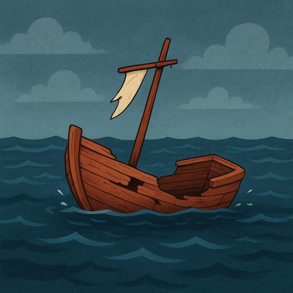 A simple storybook illustration showing a small, broken wooden boat partially submerged in dark, choppy water, symbolizing disaster or loss.