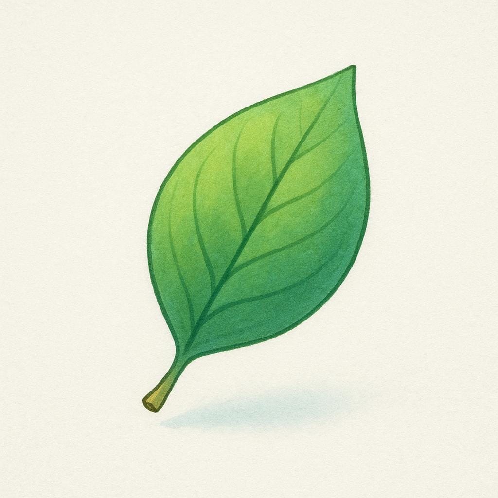 A close-up view of a single, vibrant green leaf, showing its veins and smooth edges.