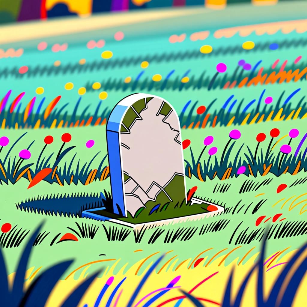 A single, simple white tombstone standing alone in a vast, green, peaceful field under a clear sky, representing a specific fatality.