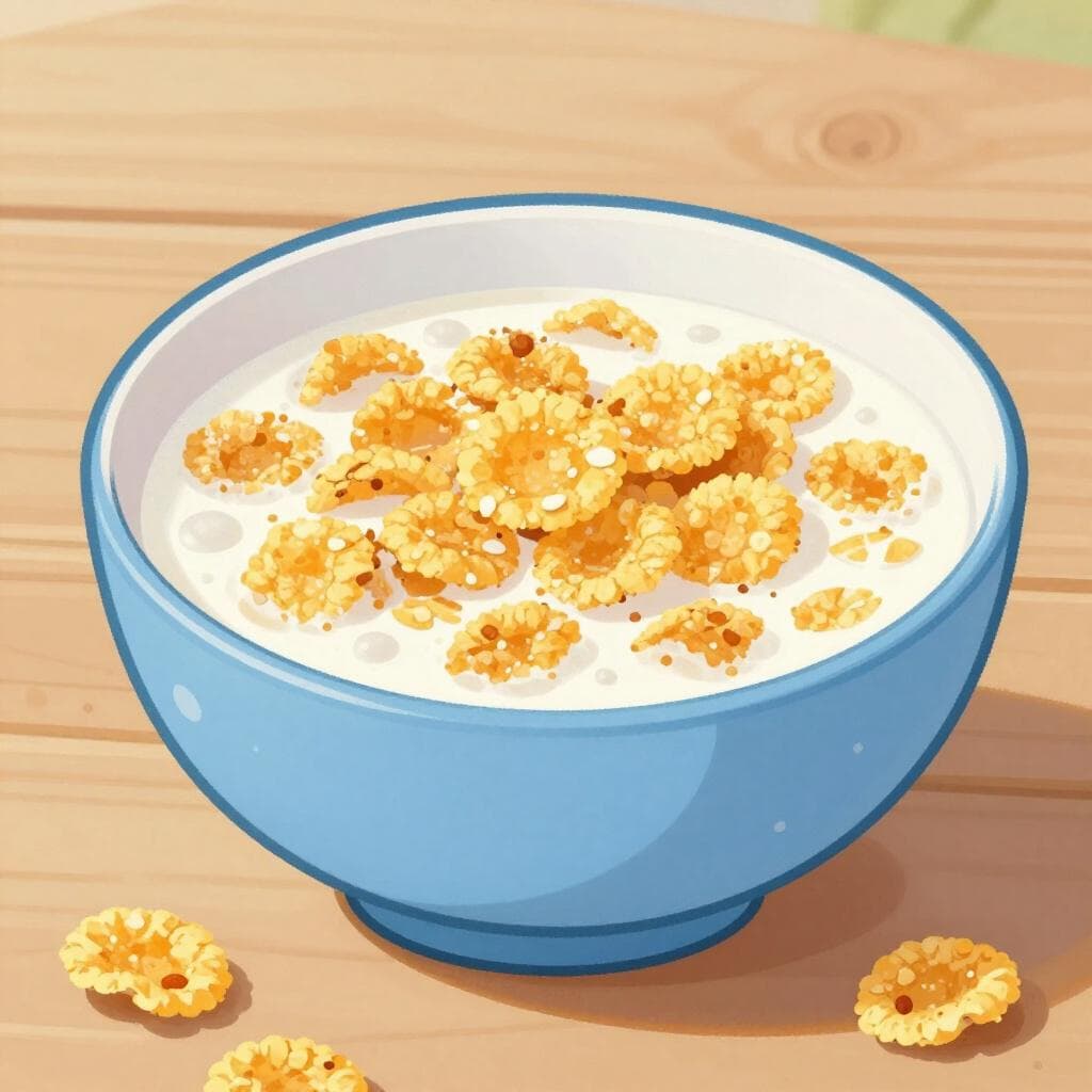 A colorful ceramic bowl filled with toasted corn flakes and white milk.