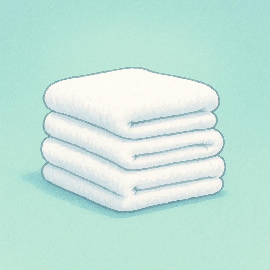 A small stack of perfectly neat, brightly white, folded laundry towels sitting on a wooden surface.