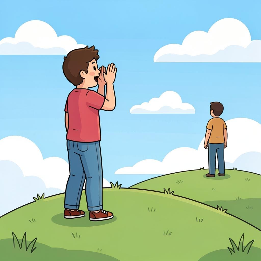 A person standing on a hilltop, waving their hand and cupping their mouth as if shouting to someone far away.