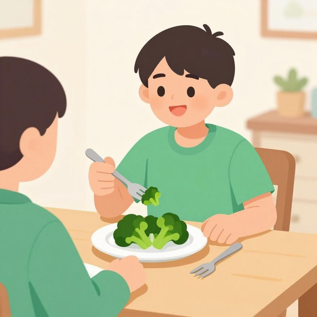 A person agreeing to eat a piece of broccoli after being offered it by a friend.