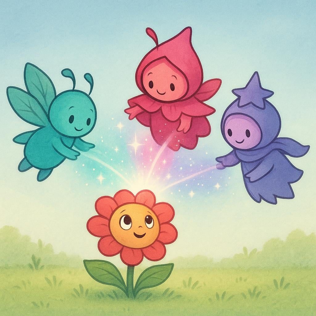 A high-quality simple colorful storybook illustration showing three small, whimsical sprites grouped together in a forest, simultaneously casting streams of bright, sparkling magical light onto a single, wide-eyed, captivated flower.