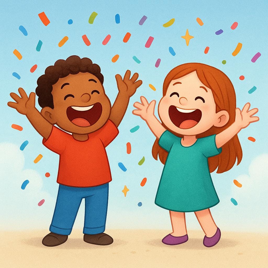 Duas figuras torcendo entusiasticamente com os braços levantados em um gesto de celebração e apoio.