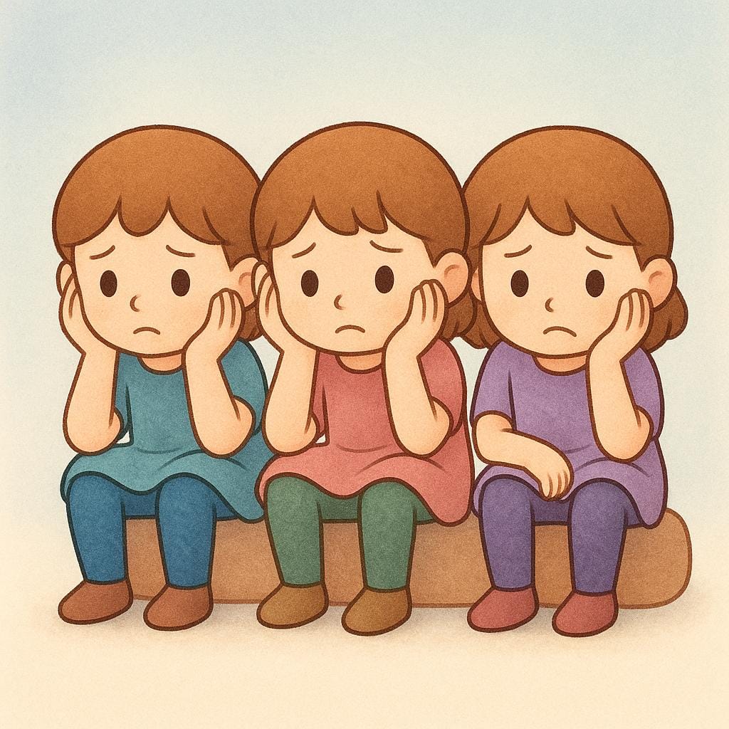 Trois personnages de livre d'histoires colorés et simplifiés sont assis côte à côte, affichant tous des expressions claires d'inquiétude ou de détresse, les mains posées près de leur tête.