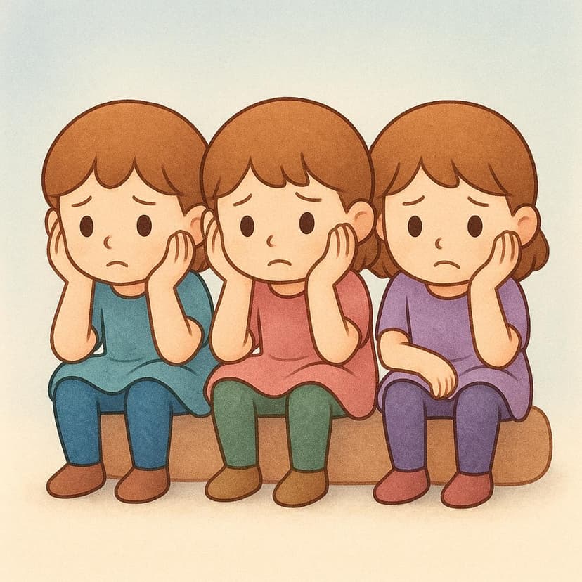 Three identical, simplified colorful storybook characters sit side-by-side, all displaying clear expressions of worry or distress, with their hands resting near their heads.