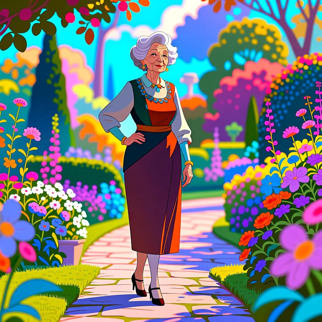 Uma mulher madura e digna parada com confiança em um caminho de jardim, vestida elegantemente.