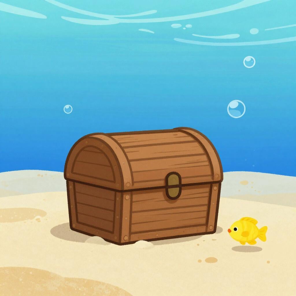 Un poisson coloré nageant à côté d'un petit coffre au trésor au fond de l'océan.