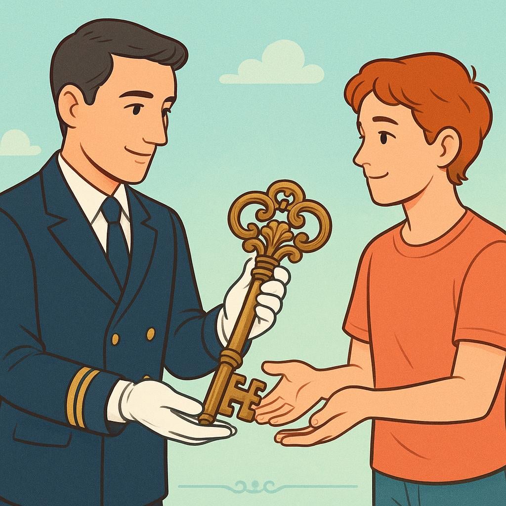 A person in formal attire gently handing a large, antique-looking key to another person, symbolizing relinquishing control or a position.