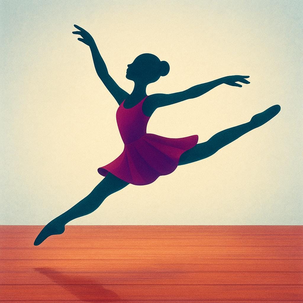 Een gestileerd silhouet van een enkele danser die een sierlijke ballet sprong uitvoert op een gepolijste houten vloer.