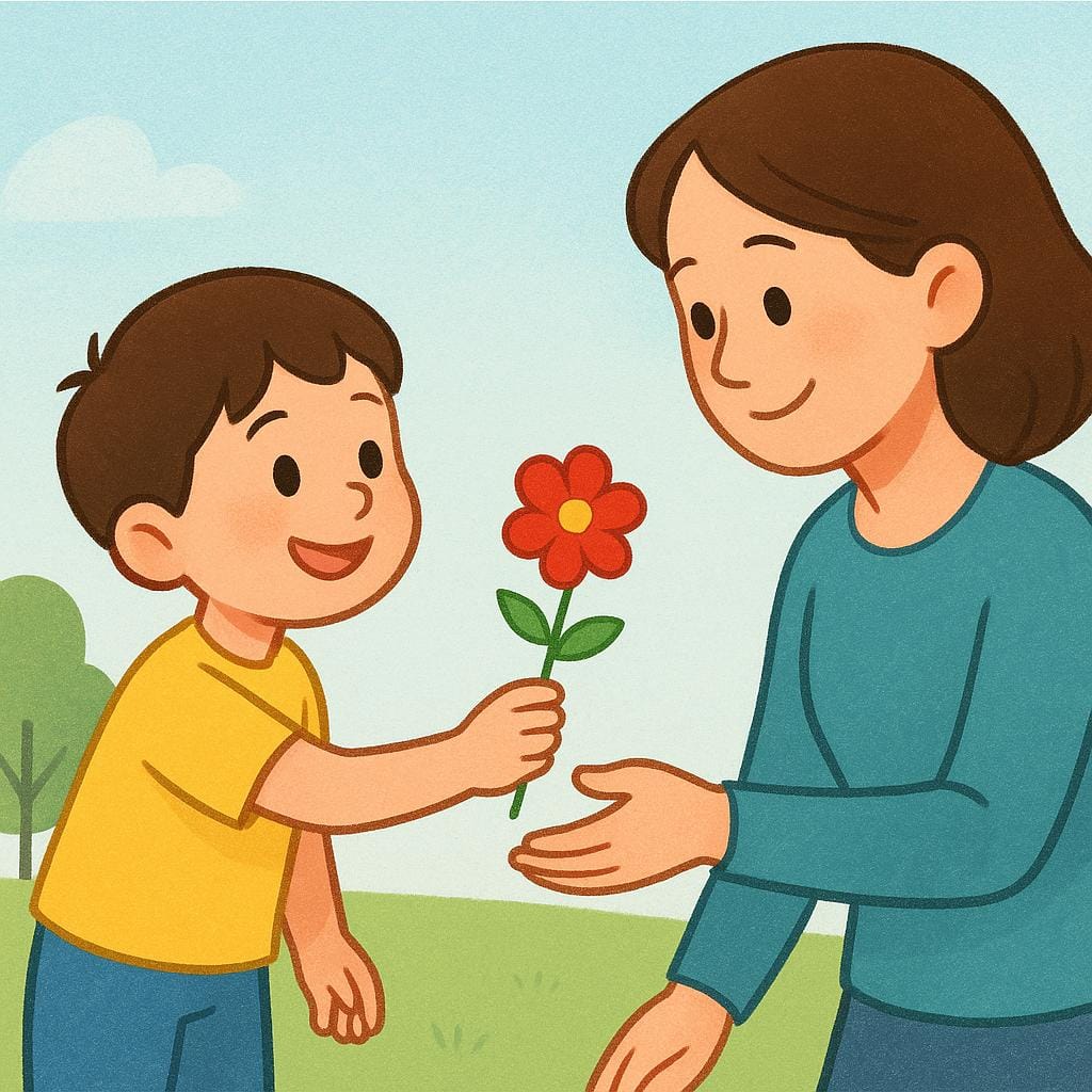 Un bambino sorridente che tiene un fiore rosso brillante e allunga il braccio per offrirlo direttamente a un adulto sorridente, illustrando l'azione di portare qualcosa a qualcuno.