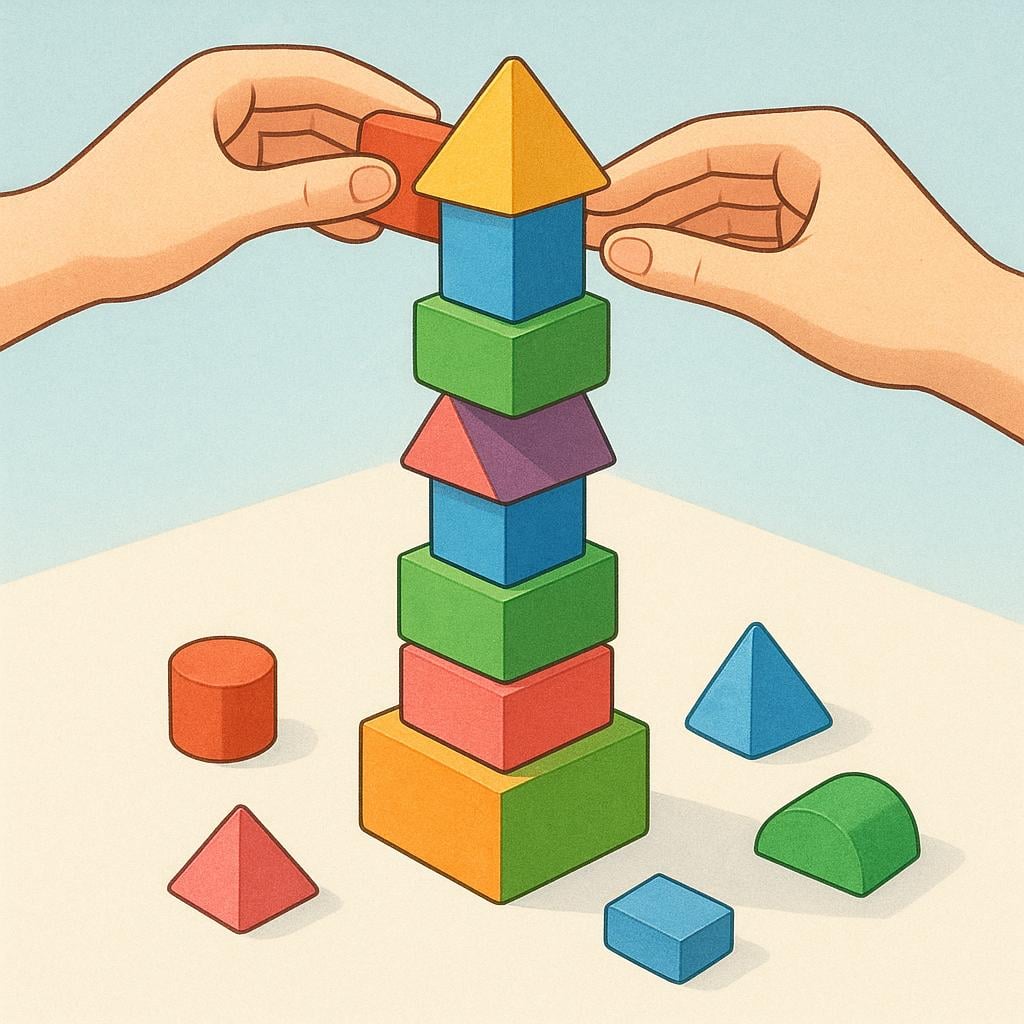 A close-up view of hands carefully stacking colorful geometric blocks into a neat, tall tower, symbolizing the act of structuring and planning.