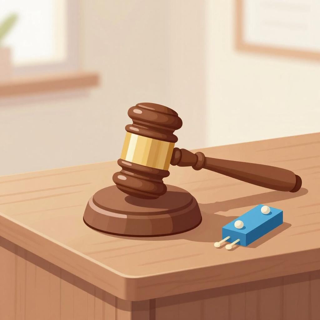 A wooden gavel resting on a sound block on a judge's bench in a courtroom.