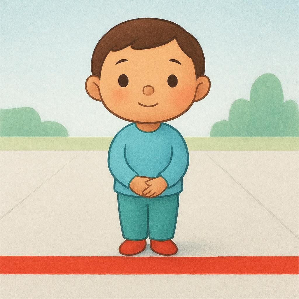 A friendly stylized character standing perfectly still just behind a thick, bright red painted line on the ground, illustrating adherence to a boundary or rule.