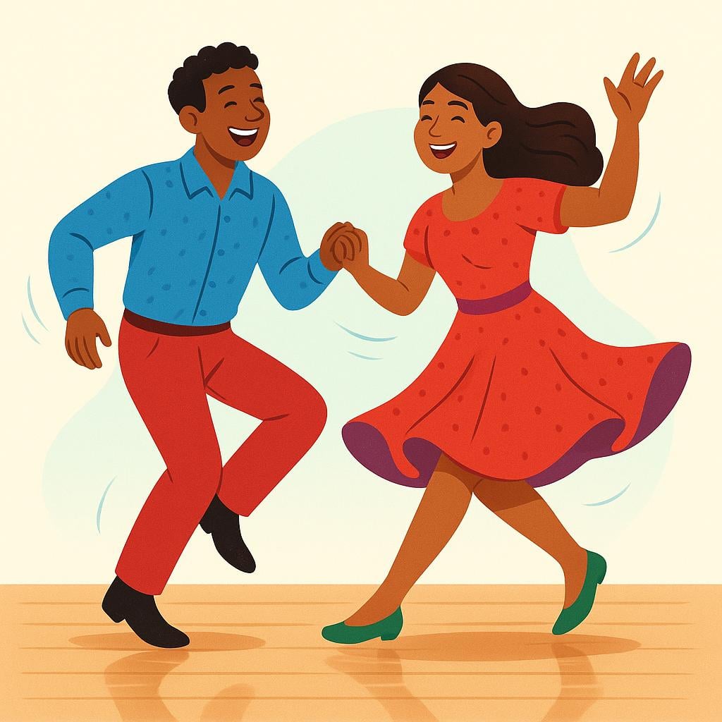 A colorful illustration showing a joyful couple performing a lively social dance step on a wooden floor.