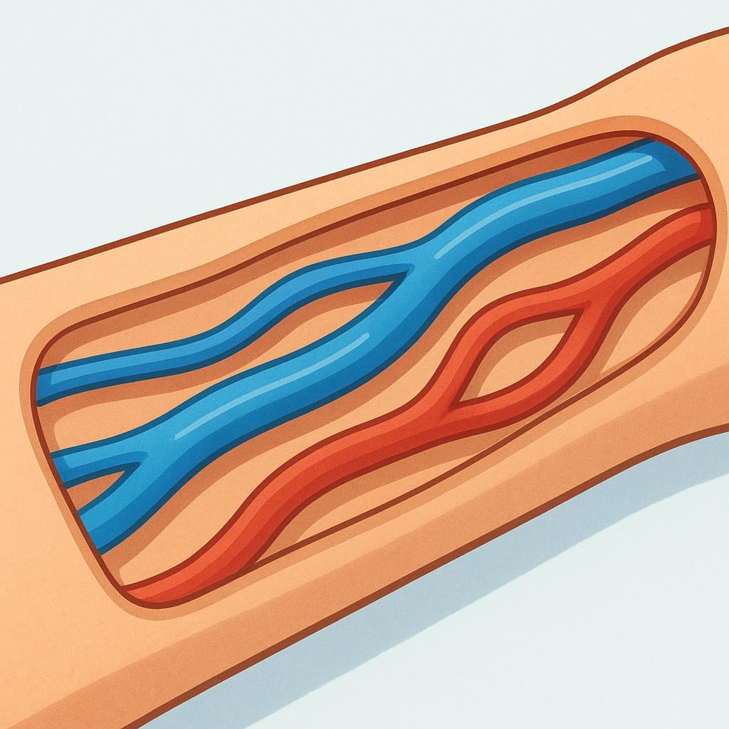A detailed, stylized illustration showing a cross-section of a human arm with prominent blue and red tubes representing veins and arteries beneath the skin.
