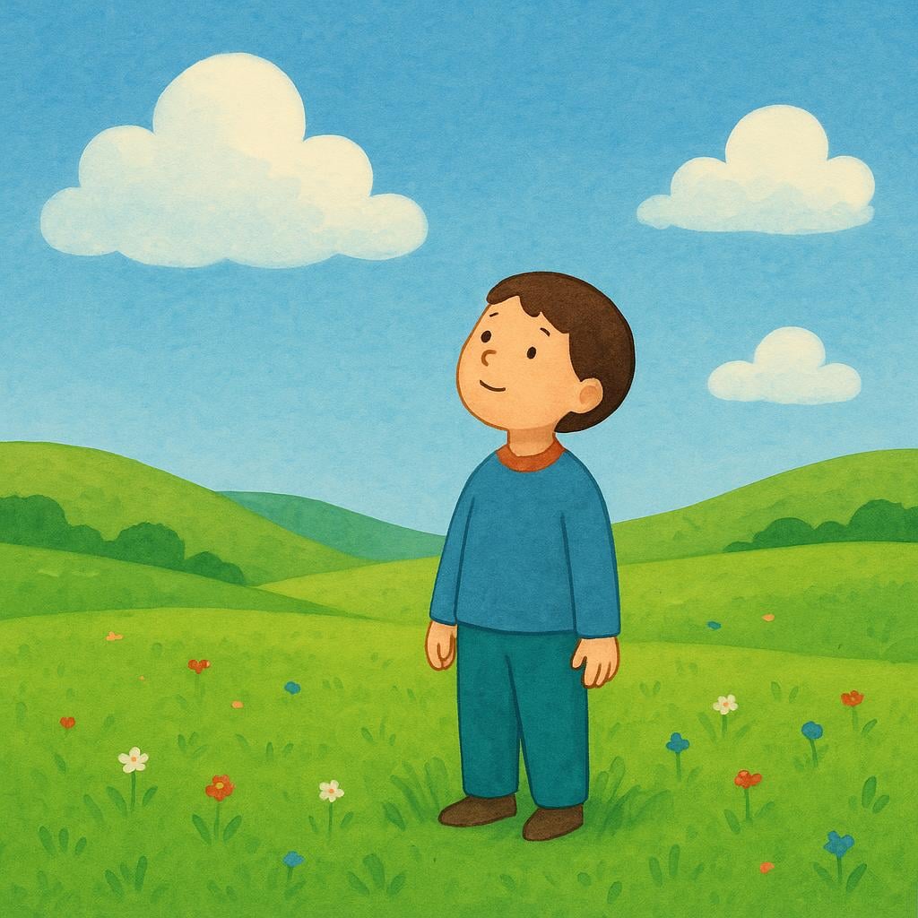 A simplified lone figure standing in a lush green meadow, looking up at the sky with an expression of peaceful realization about their surroundings.