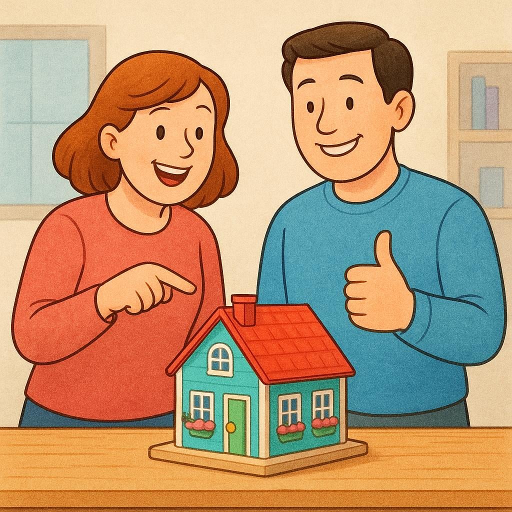 A colorful illustration showing a woman successfully persuading a man. She is pointing excitedly at a small, miniature model house on a table, and the man next to her is smiling and giving a decisive thumbs up.