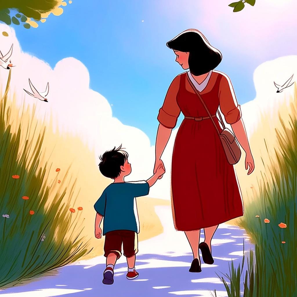 Eine große erwachsene Frau steht neben einem viel kleineren jungen Jungen, was das Konzept von „jung“ oder „jünger“ veranschaulicht.