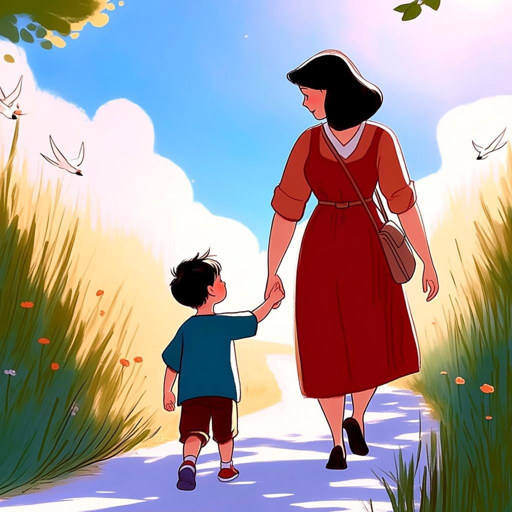 A tall adult woman standing beside a much shorter young boy, illustrating the concept of 'young' or 'younger'.