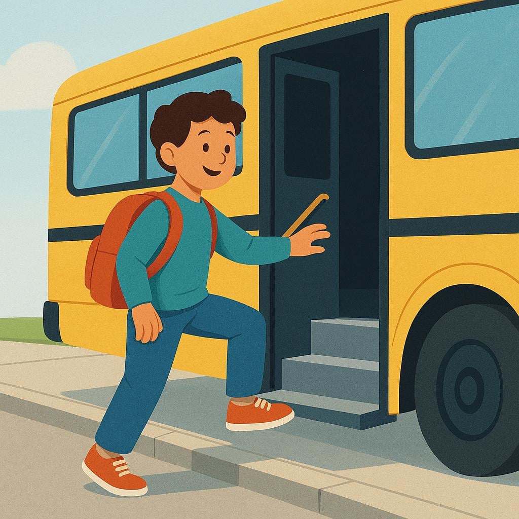 A figure stepping onto the stairs of a large, yellow passenger bus, illustrating the act of taking transportation.