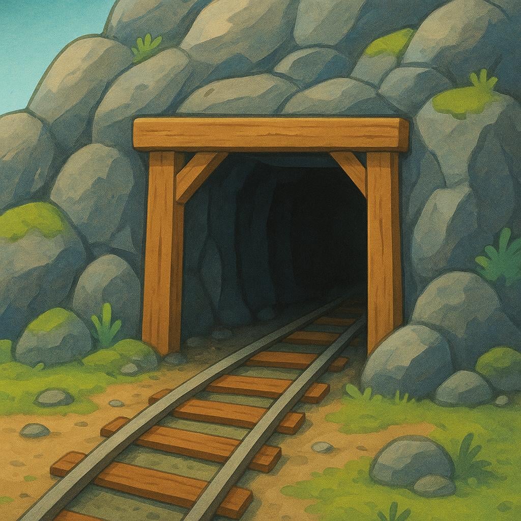A storybook illustration showing the dark entrance to a mine shaft carved into a mountain.