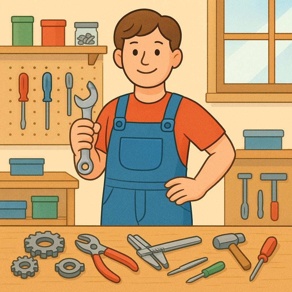 A storybook illustration of a skilled mechanic standing confidently in a clean, organized workshop surrounded by specialized tools and gears, symbolizing their domain of expertise.