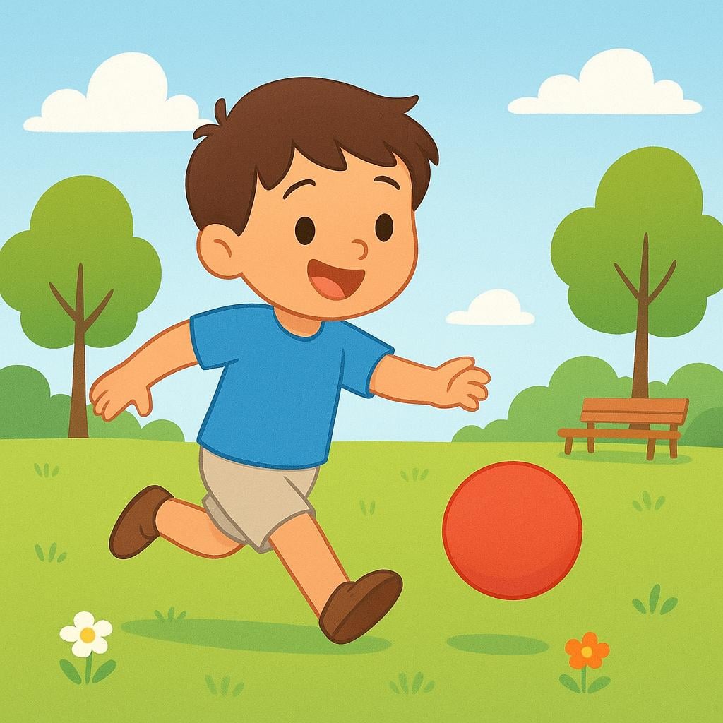 A young child smiling and playing with a toy ball on a grassy field.
