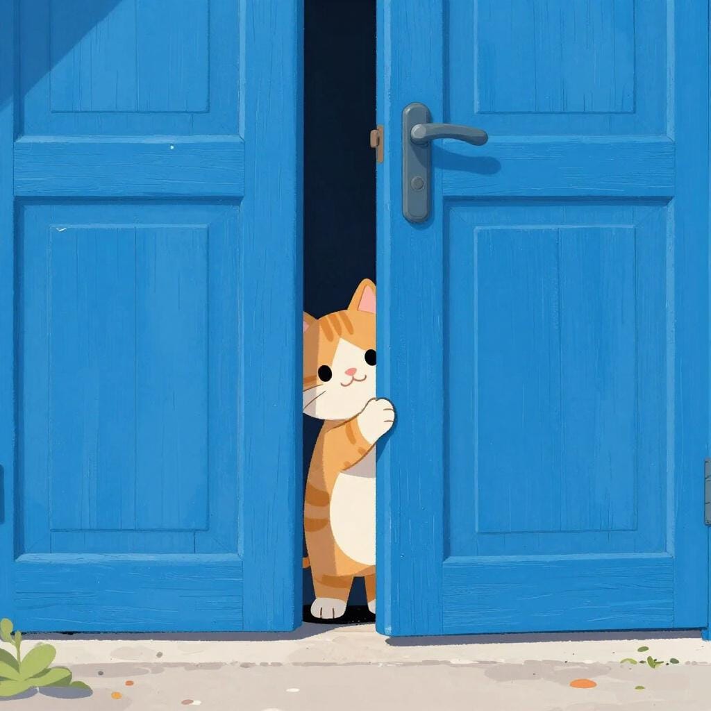 Um gato pequeno e curioso espreitando a cabeça por trás de uma porta de madeira brilhante.