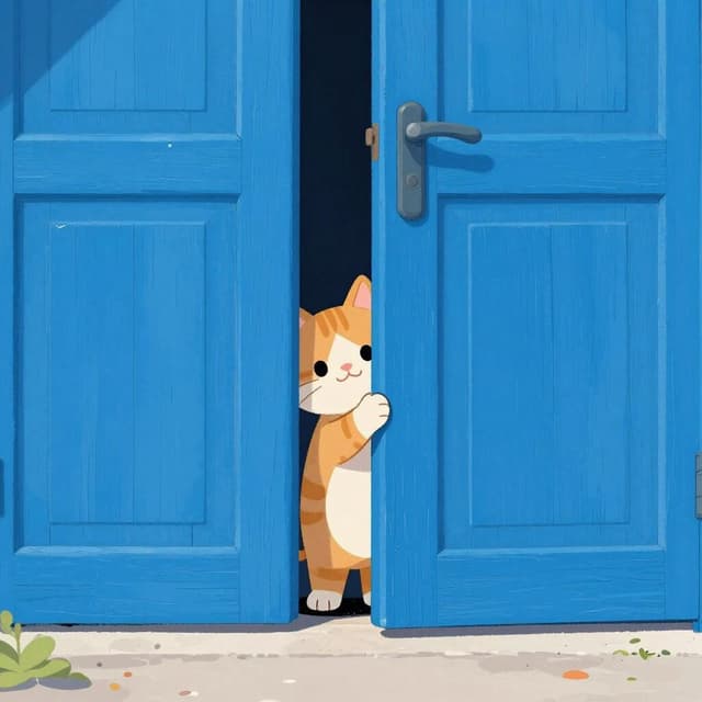 A curious small cat peeking its head out from behind a bright wooden door.