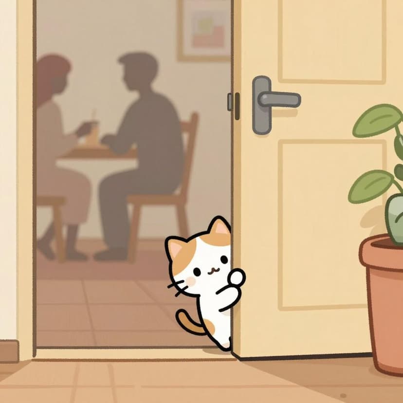 Um gato pequeno andando silenciosamente para fora de uma sala por uma porta ligeiramente aberta enquanto um grupo de pessoas conversa animadamente ao fundo.