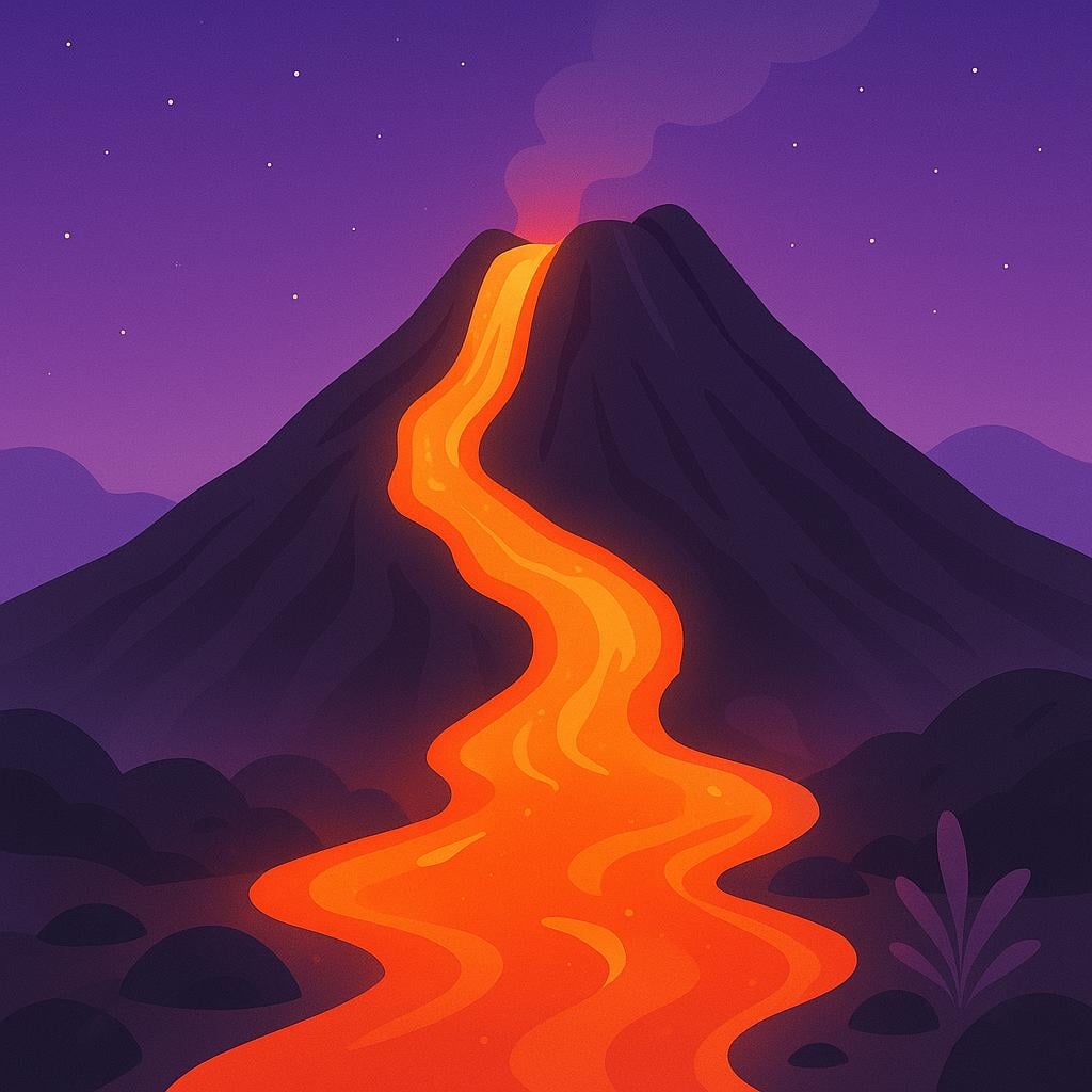 A glowing orange stream of molten lava flowing down a dark gray volcanic mountain side.