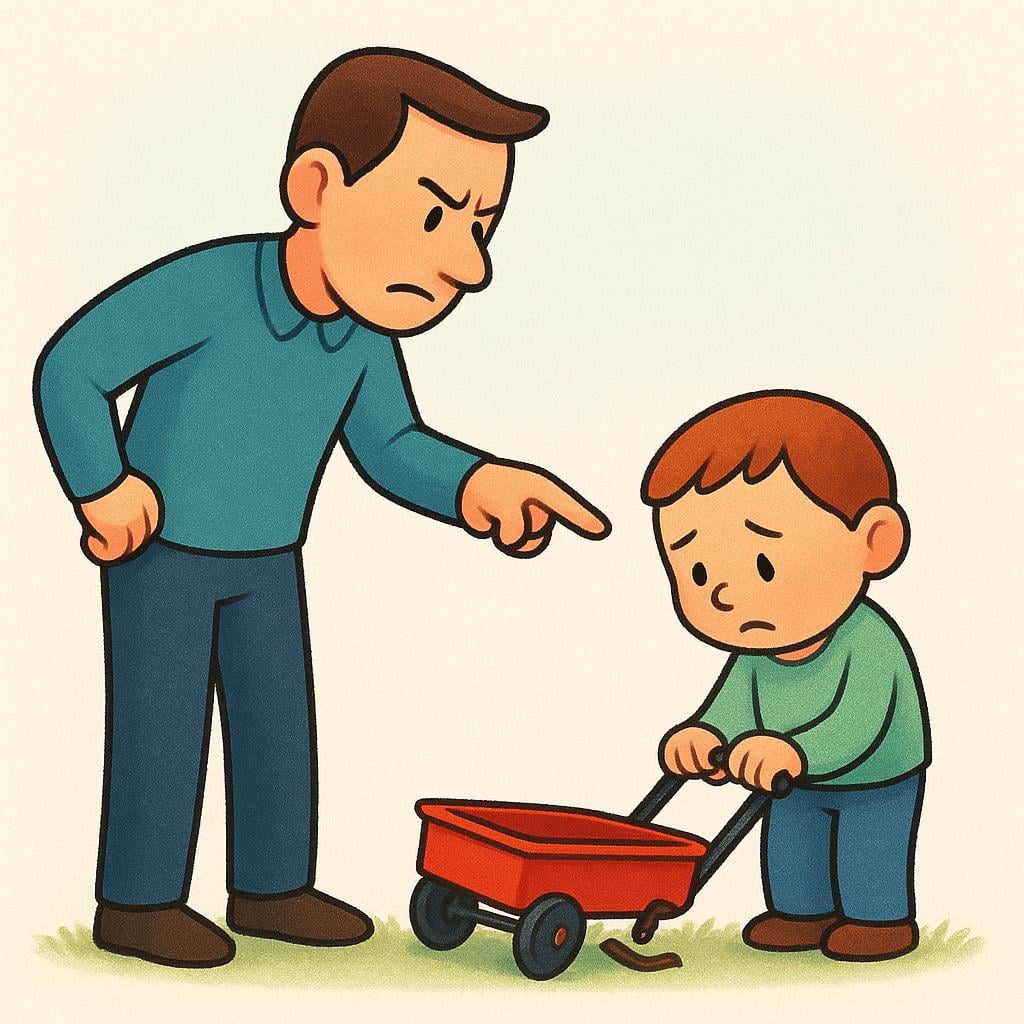 A simple illustration showing a tall, stern character pointing a large, exaggerated finger directly at a smaller, sad-looking character who is holding a broken toy.
