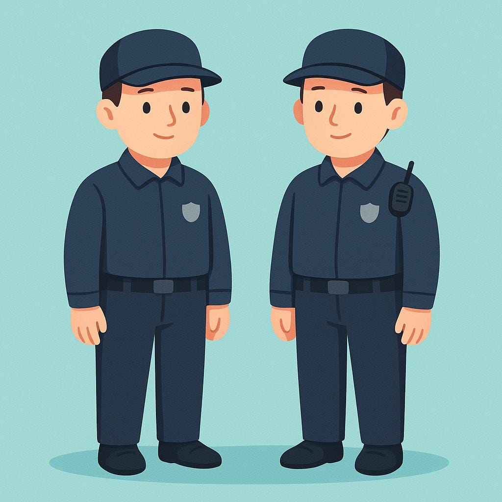 Two uniformed security guards standing side-by-side, facing forward, wearing simple dark uniforms and caps.
