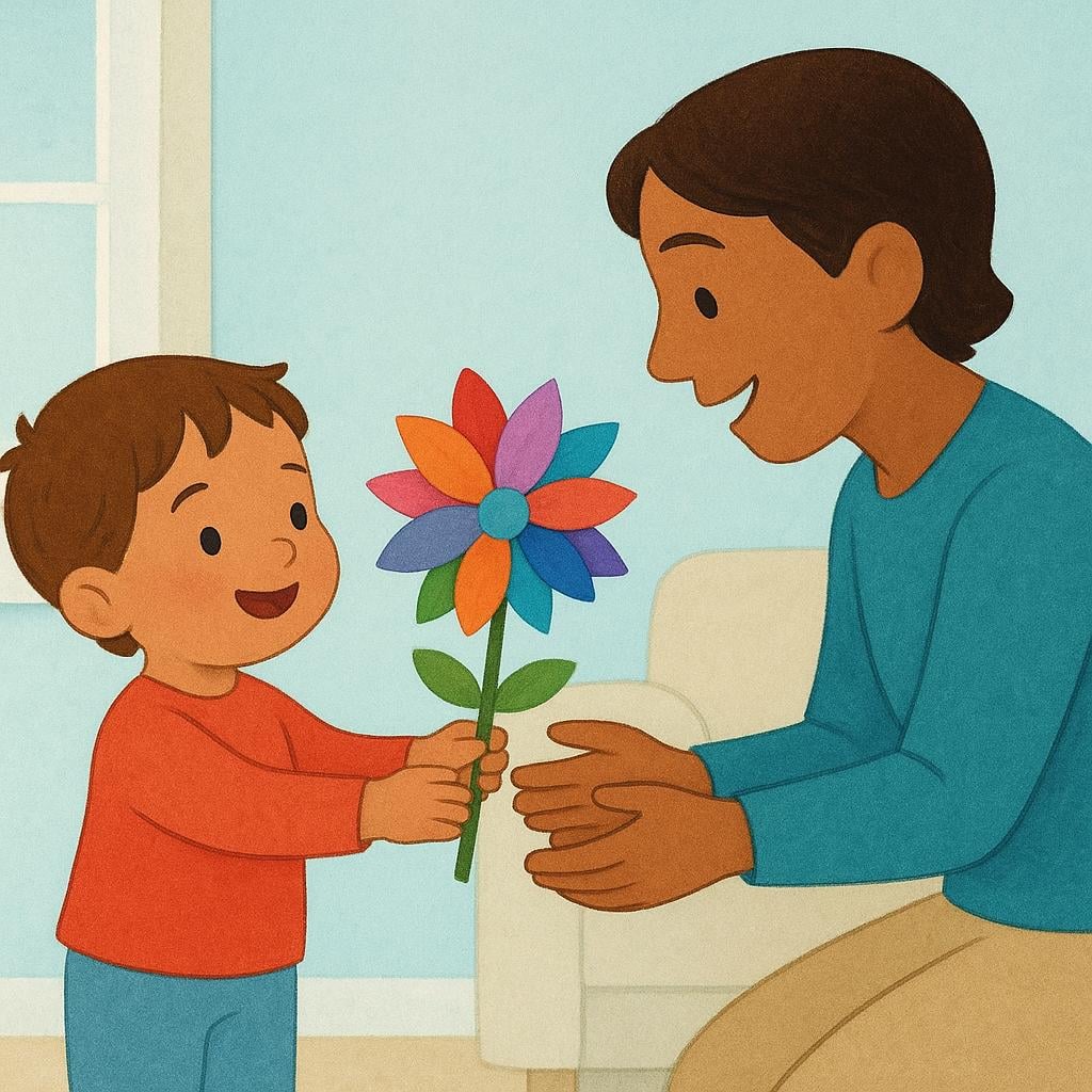 A child giving a handmade paper flower to an adult, symbolizing creating something for someone.