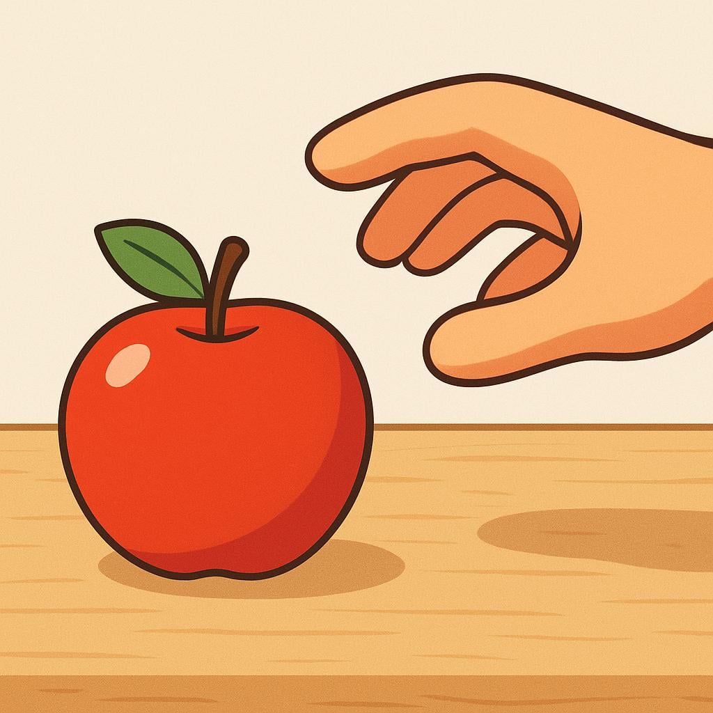 A cartoonish hand reaching down to grab a single bright red apple resting on a simple wooden surface.
