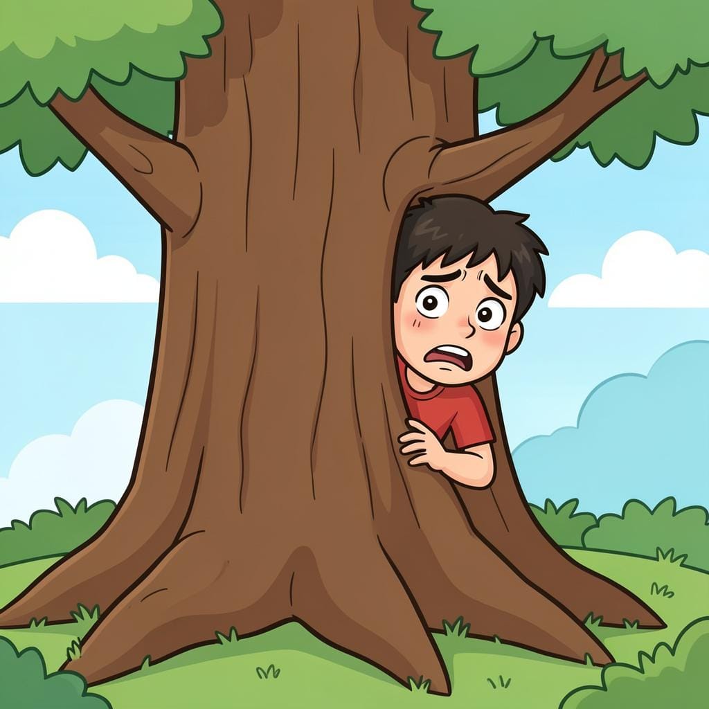 A small figure hiding behind a large tree, looking out with a worried expression.