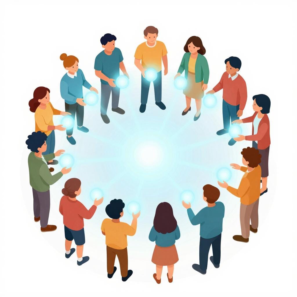 Um grupo de pessoas em círculo, cada uma segurando uma esfera azul brilhante que passam para muitos outros simultaneamente, mostrando rápida disseminação.