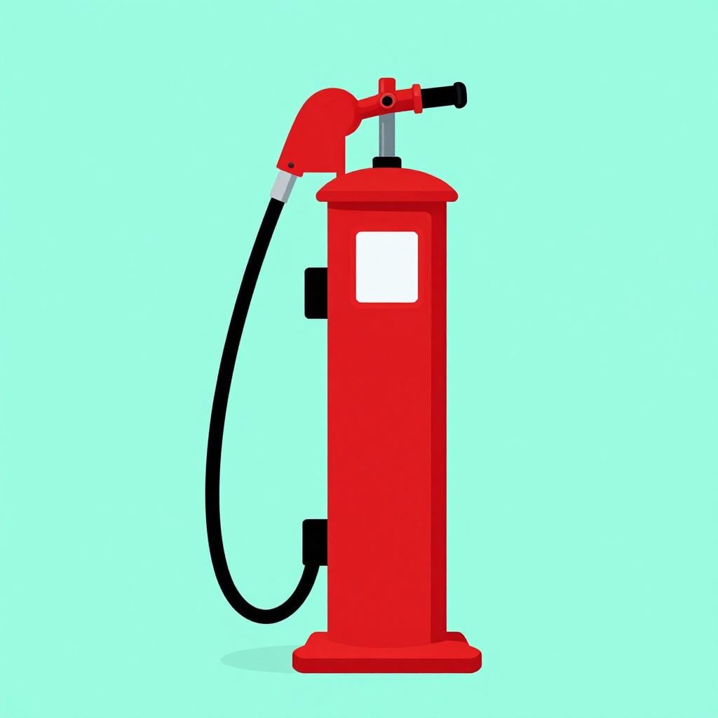 A bright red hand-operated air pump with a black hose.