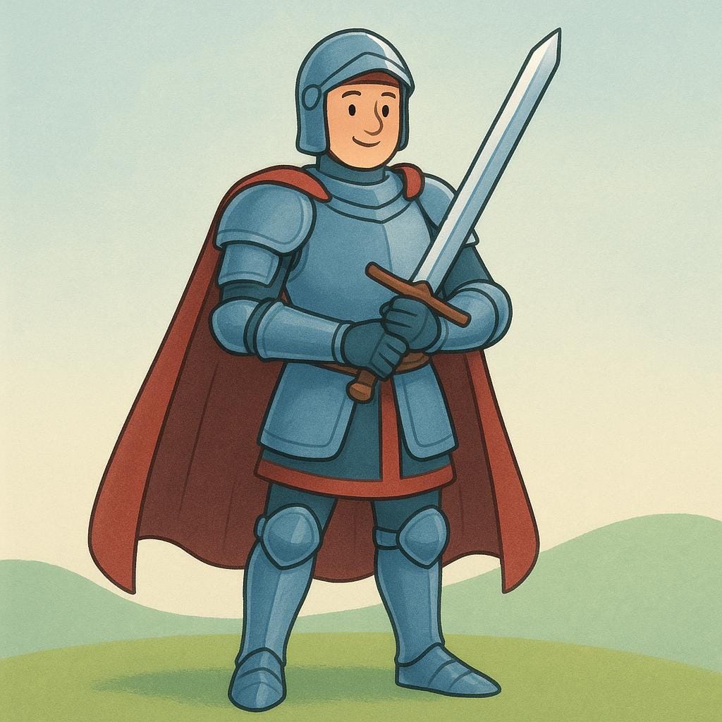 A strong, armored warrior standing ready for battle, holding a shield and a sword.