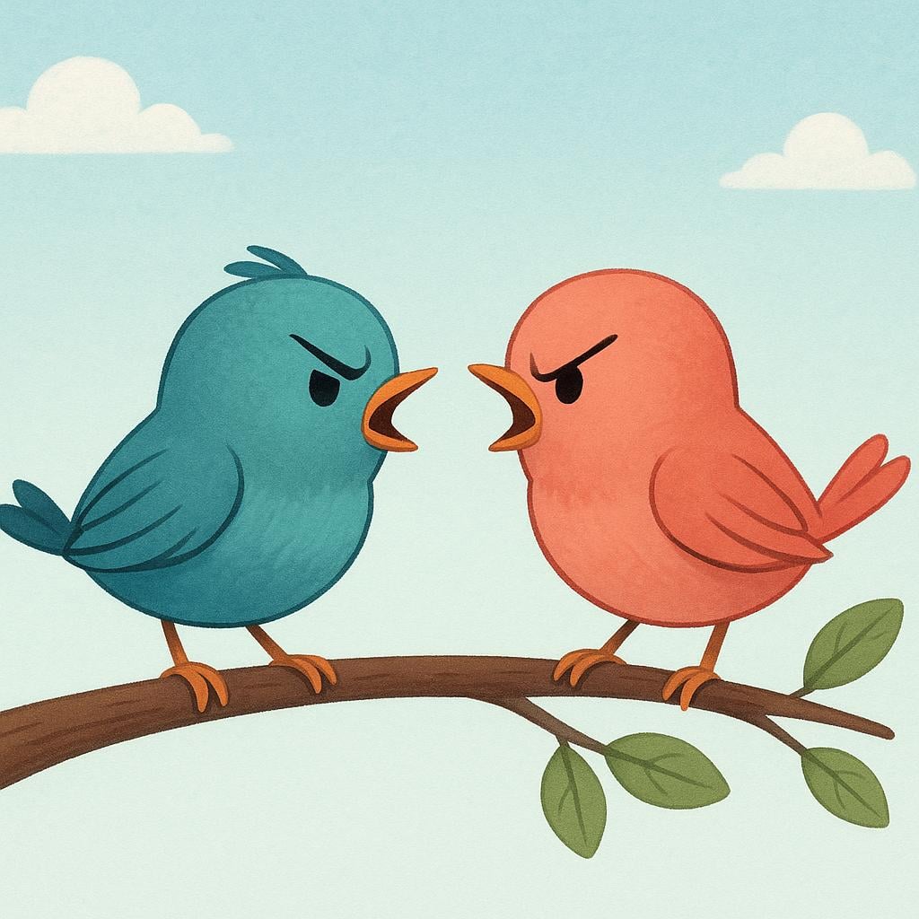 Two small birds on a branch chirping loudly at each other with angry expressions.