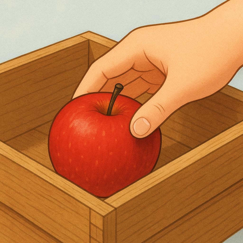 A person's hand reaching into a brightly colored wooden box and pulling out a red apple.