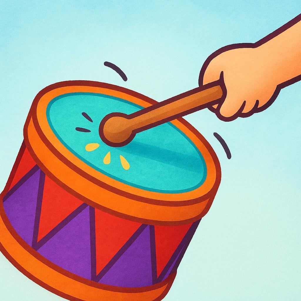 A close-up of a hand holding a drumstick striking the skin of a large, colorful drum, illustrating a physical action.