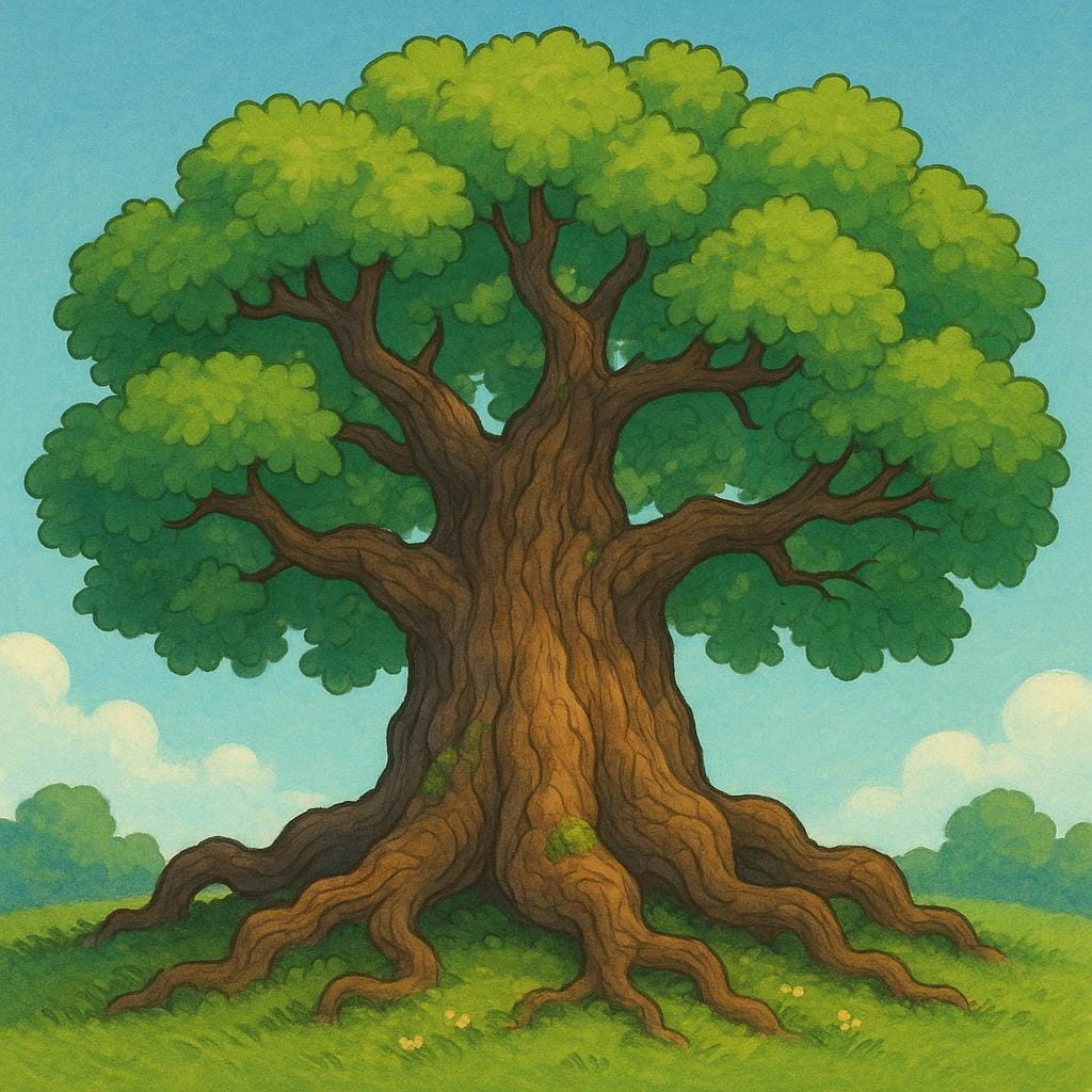 A massive, ancient oak tree with deeply gnarled bark and sprawling, visible roots, standing alone in a green field.