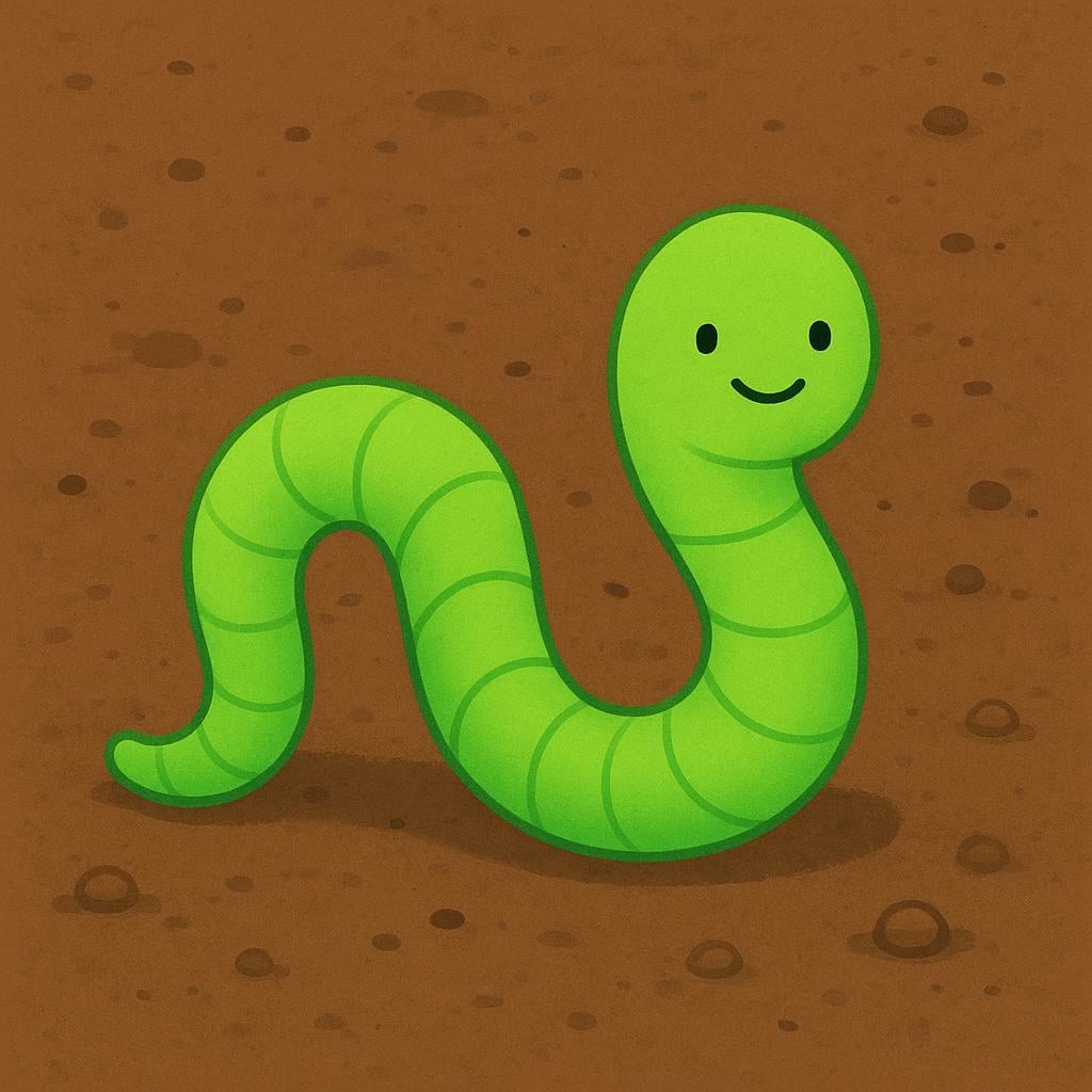 A bright green earthworm curled slightly on a patch of rich brown soil.
