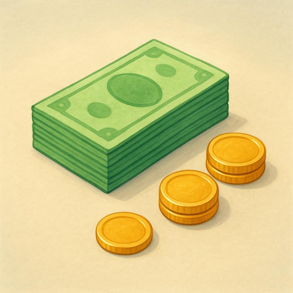 A small neat stack of colorful paper money and several gold coins resting on a plain wooden table, representing earned salary or wages.